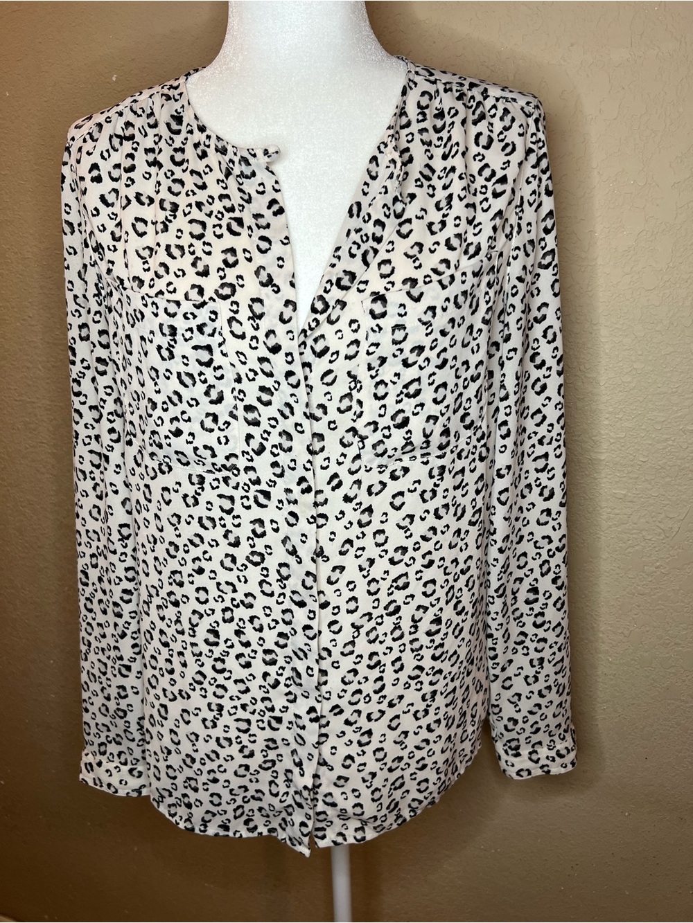 LOFT White and Black Leopard Button-Down Shirt